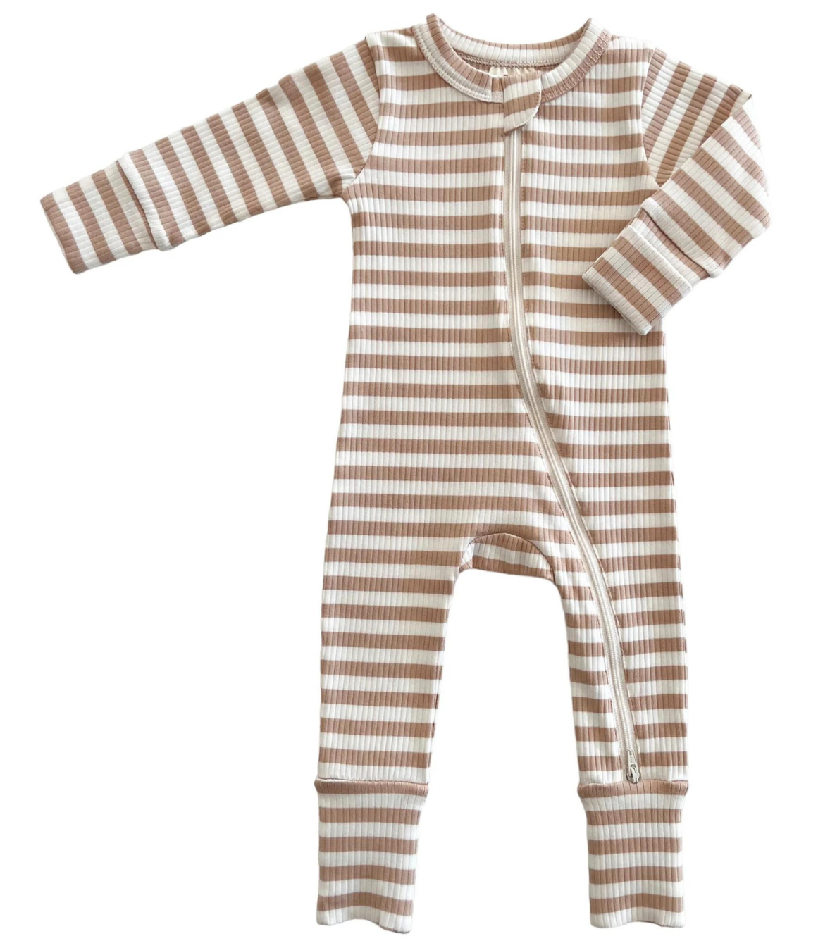 Tan Stripe / Organic Ribbed 2-Way Zip Romper (Baby - Kids) {RTS}