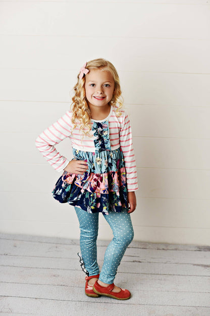 Kids Pink & Blue 3 Tiered Two Piece Fall Winter Pant Set {RTS}