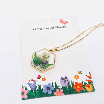 Dried Flower Floral Hexagon Charm Gold-plated Necklace - {RTS}