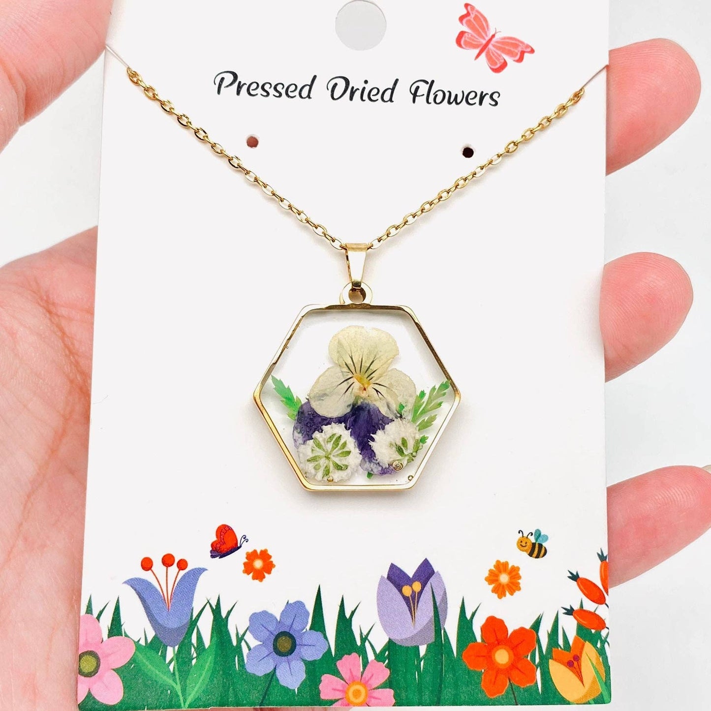 Dried Flower Floral Hexagon Charm Gold-plated Necklace - {RTS}