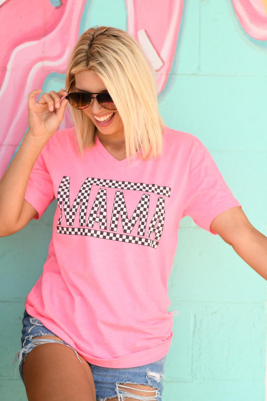 Mama Black Checkered VNeck TShirt