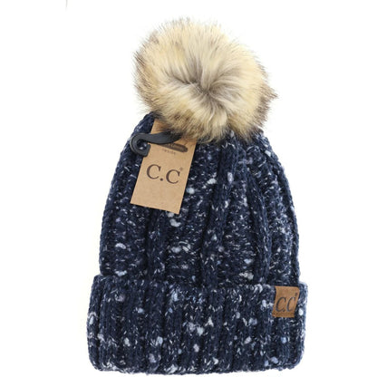 Fuzzy Lined Confetti Knit Fur Pom C.C. Beanie