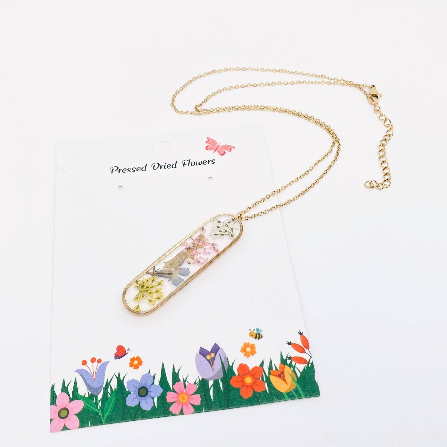 Long Ellipse Charm Dried Flowers Necklace - {RTS}