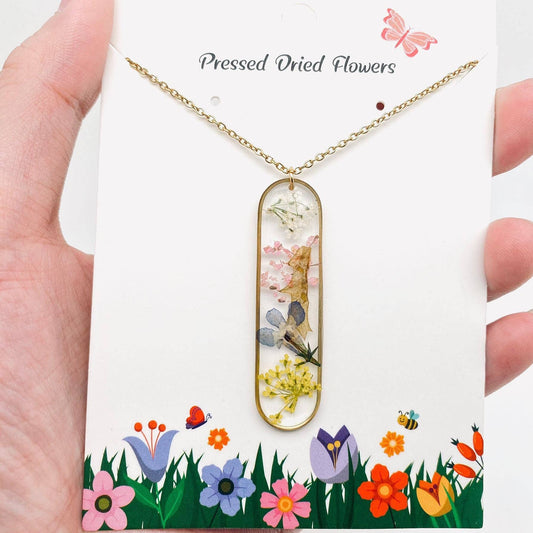 Long Ellipse Charm Dried Flowers Necklace - {RTS}