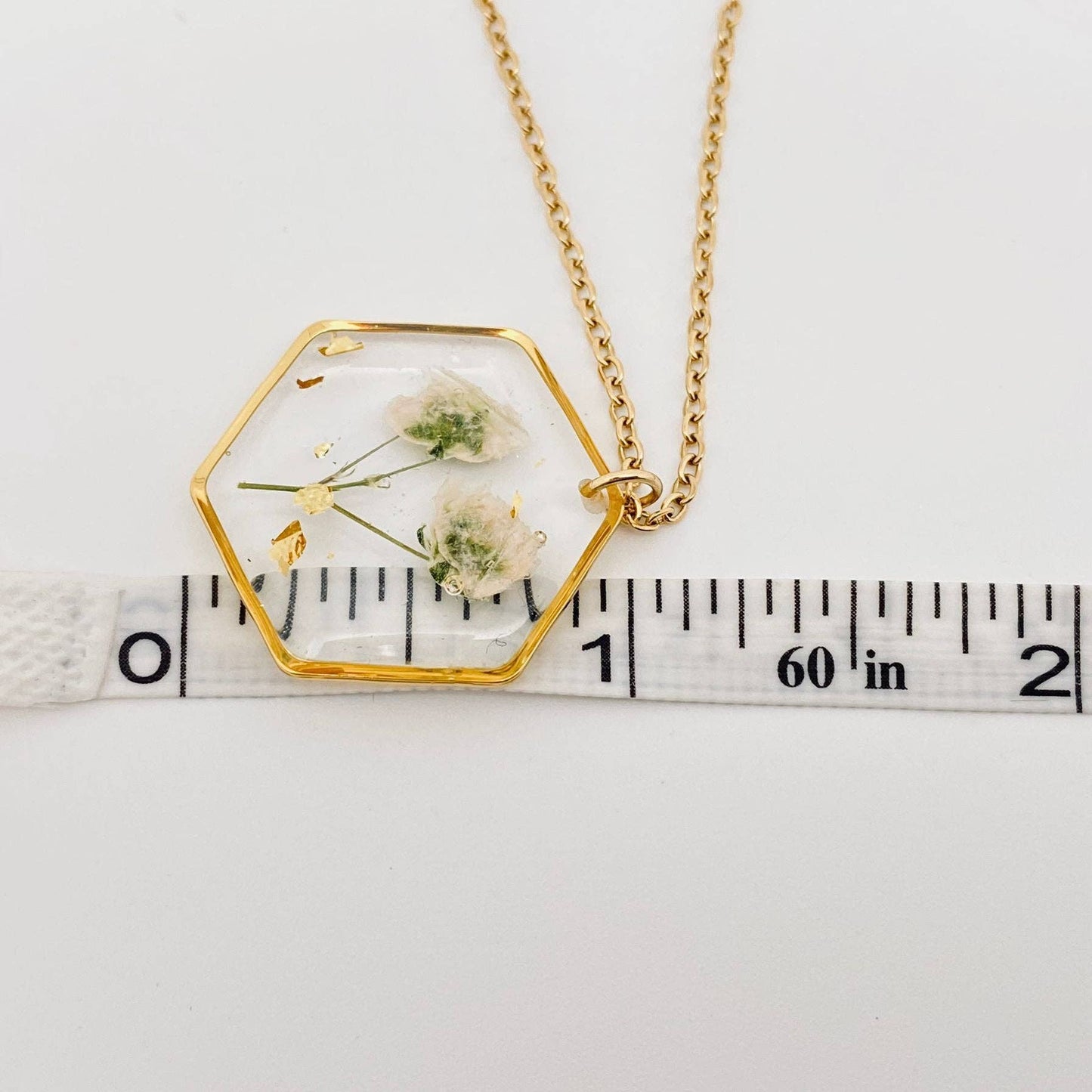 Baby's Breath Dried Flowers Hexagon Charm Necklace - {RTS}