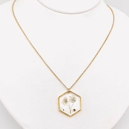 Baby's Breath Dried Flowers Hexagon Charm Necklace - {RTS}