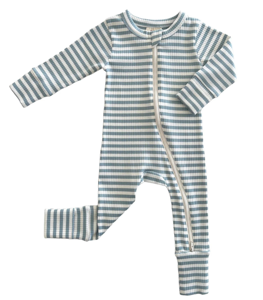 Dusty Blue Stripe / Organic Ribbed 2-Way Zip Romper (Baby){RTS}