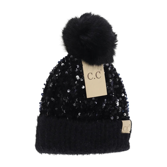 KIDS Cluster Sequin Faux Fur Pom C.C. Beanie Black