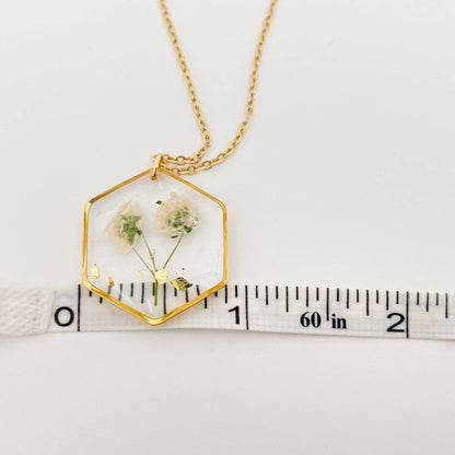 Baby's Breath Dried Flowers Hexagon Charm Necklace - {RTS}