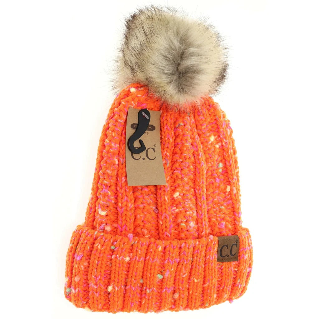 Fuzzy Lined Confetti Knit Fur Pom C.C. Beanie