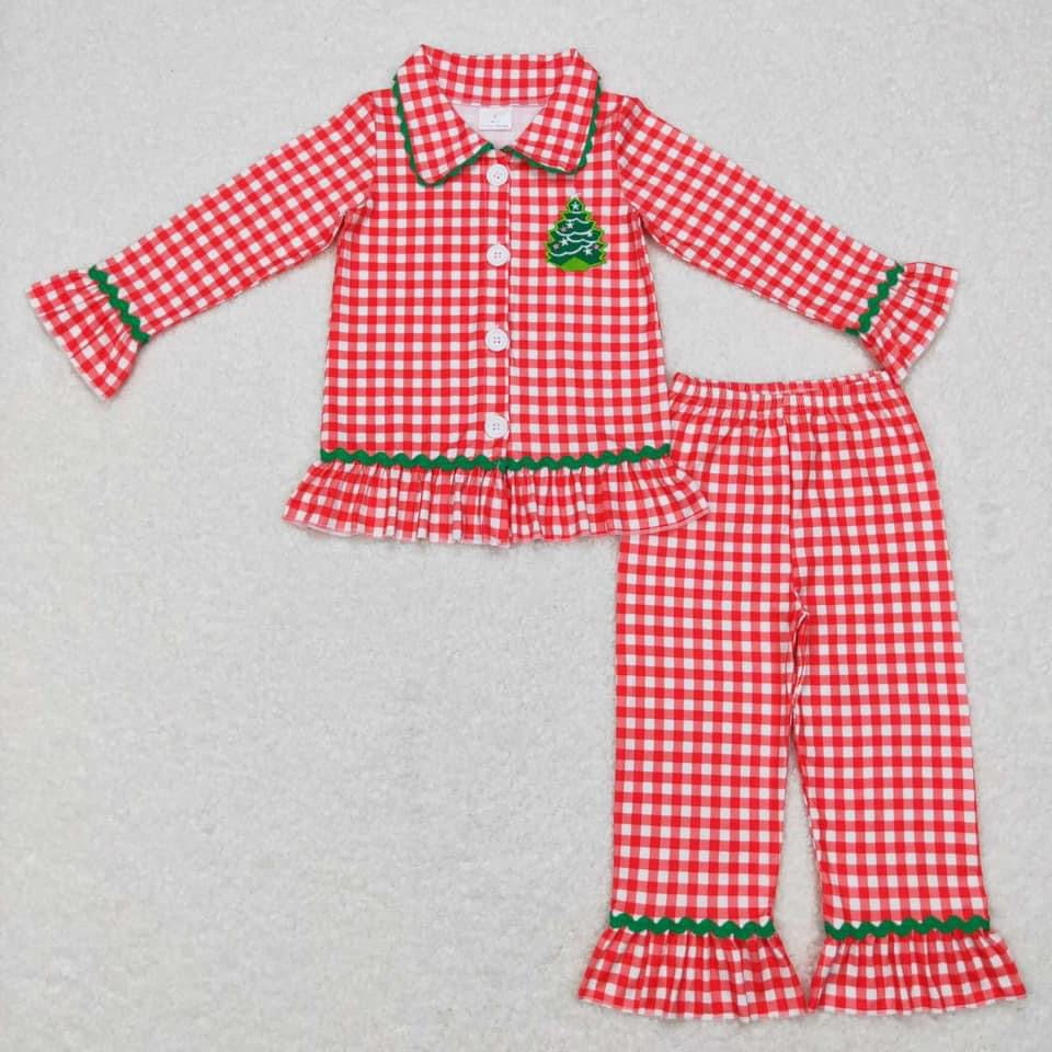 Red Ruffled Gingham Christmas Tree Pajama Set {RTS}