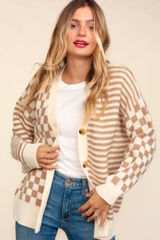 Taupe Checkered Button Down Sweater {RTS}