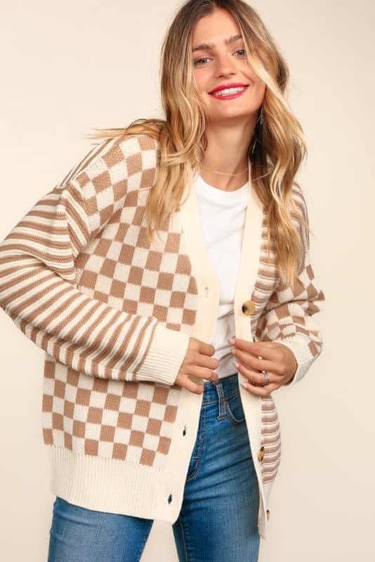 Taupe Checkered Button Down Sweater {RTS}