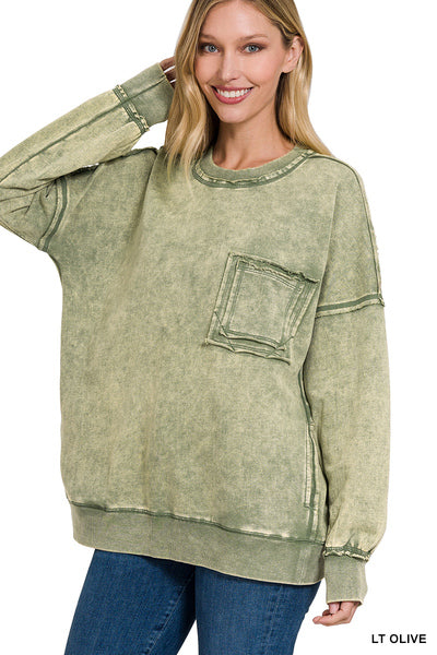 Light Olive French Terry Acid Wash Pullover {RTS}