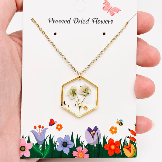 Baby's Breath Dried Flowers Hexagon Charm Necklace - {RTS}