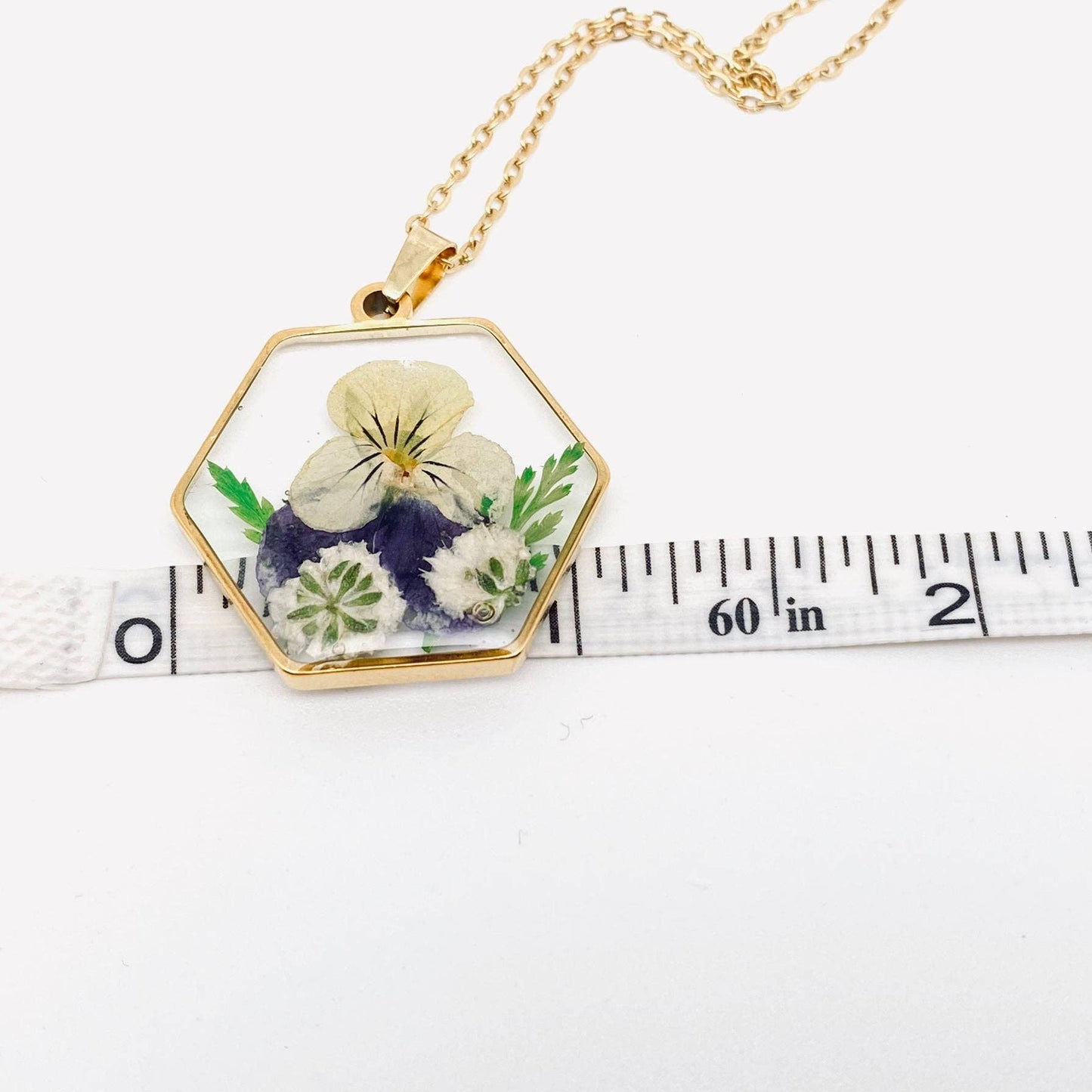 Dried Flower Floral Hexagon Charm Gold-plated Necklace - {RTS}