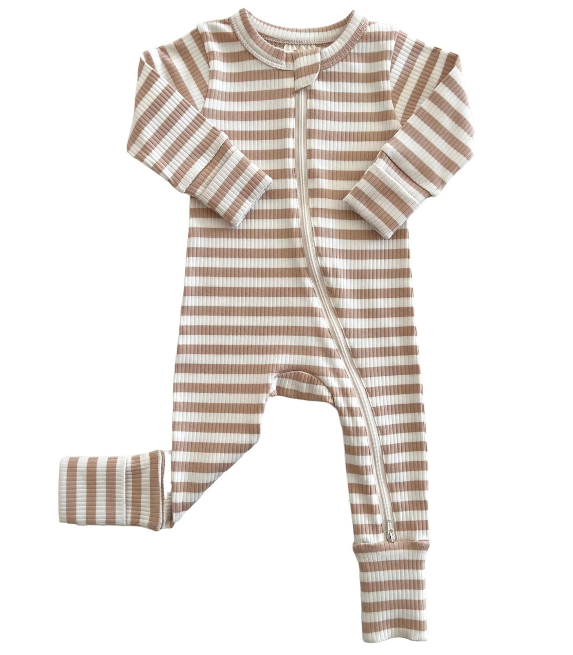 Tan Stripe / Organic Ribbed 2-Way Zip Romper (Baby - Kids) {RTS}