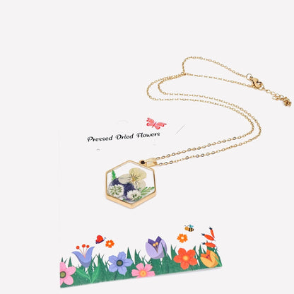 Dried Flower Floral Hexagon Charm Gold-plated Necklace - {RTS}