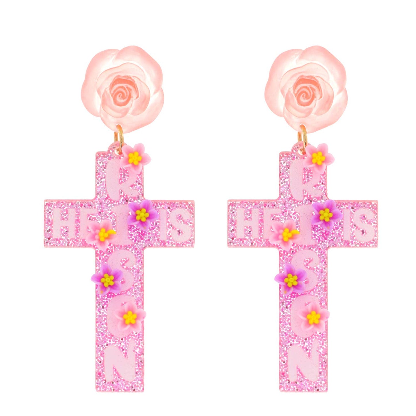 2 Tier Floral Post "He is Risen" Acrylic Cross Earrings