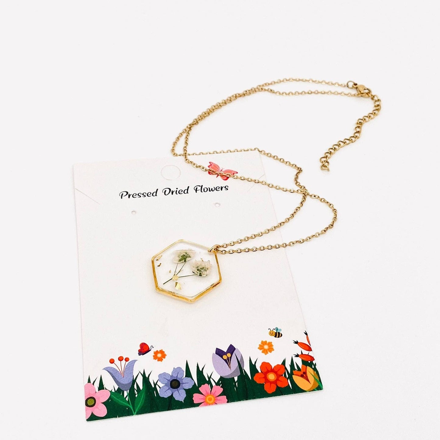 Baby's Breath Dried Flowers Hexagon Charm Necklace - {RTS}