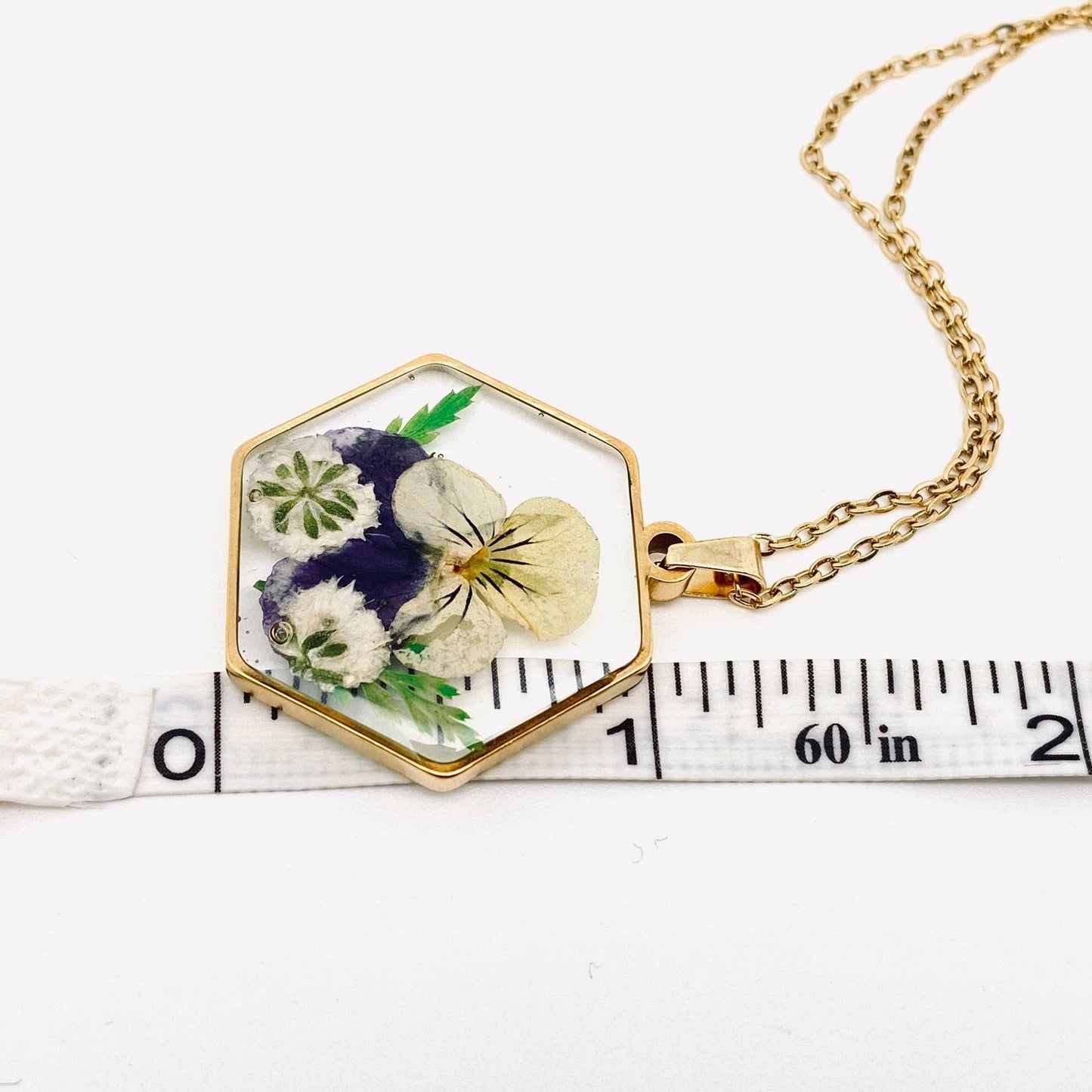 Dried Flower Floral Hexagon Charm Gold-plated Necklace - {RTS}