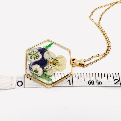 Dried Flower Floral Hexagon Charm Gold-plated Necklace - {RTS}