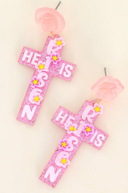 2 Tier Floral Post "He is Risen" Acrylic Cross Earrings