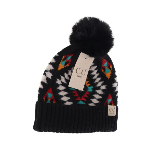 Baby Aztec Pattern Faux Fur Pom CC Beanie