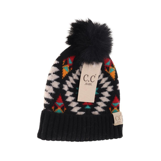 Kid Aztec Pattern Faux Fur Pom CC Beanie