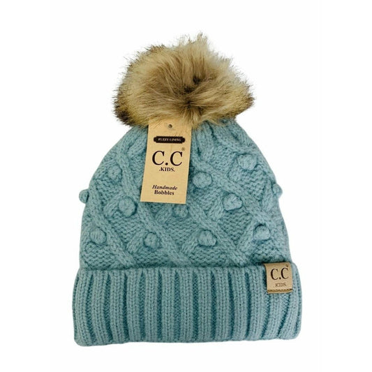 Kids Bobble Knit Faux Fur Pom CC Beanie