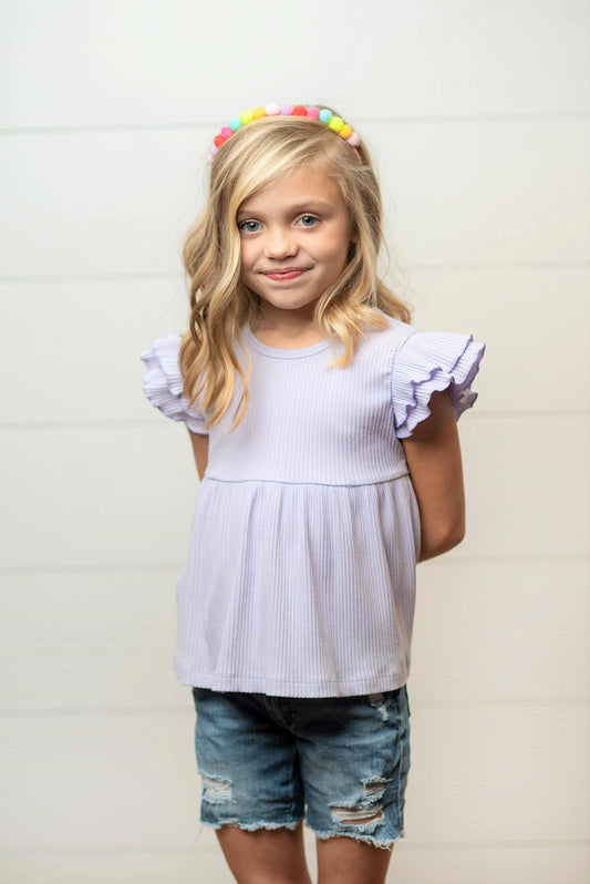 Kids Lavender Double Ruffle Flutter Sleeve Spring Shirt